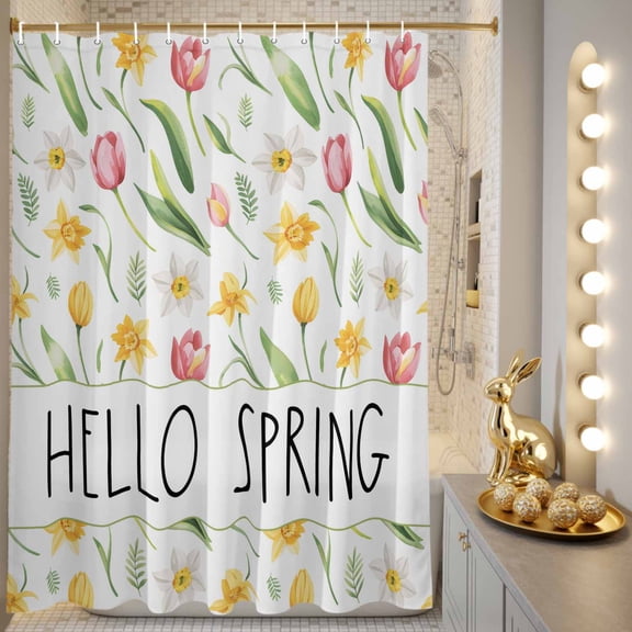 Shower Curtain, Hello Spring Words Tulip Waterproof Shower Curtain Set with Hooks for Bathroom Showers,Stalls and Bathtubs,72x72In Easter Floral Art