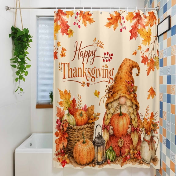 Shower Curtain, Hello Thanksgiving Words Gnome Waterproof Polyester Fabric Bath Curtain with Hooks for Bathroom Bathtub Stalls, Farm Fall Pumpkin 72x72IN