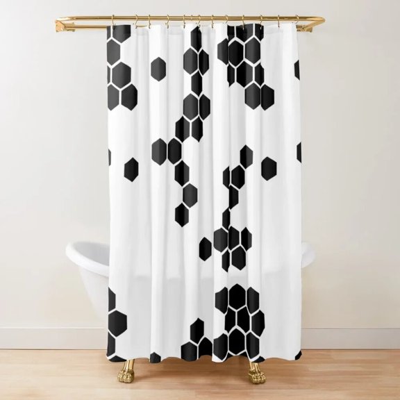 Shower Curtain Hexagonal Pattern Honeycomb Beehive Simplistic Geometrical Monochrome Cloth Fabric Bathroom Decor Set with