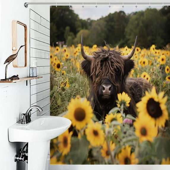 Shower Curtain Highland Cow Floral Sunflower Bathroom Waterproof Polyester Home Ration Curtain With Hook