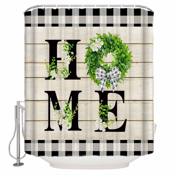 Shower Curtain Home Text Vintage Wood Board Waterproof Shower Curtain Set with Hooks for Bathroom Showers,Stalls and Bathtubs,66x72In Rustic Leaf Flower Buffalo Plaid