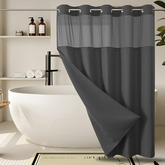 Shower Curtain No Hook Waterproof 230GSM Fabric with Wave Weave Design, Built-in Liner, Ringless Easy Installation, Hotel Quality, 71" W x 74" L, Dark Gray