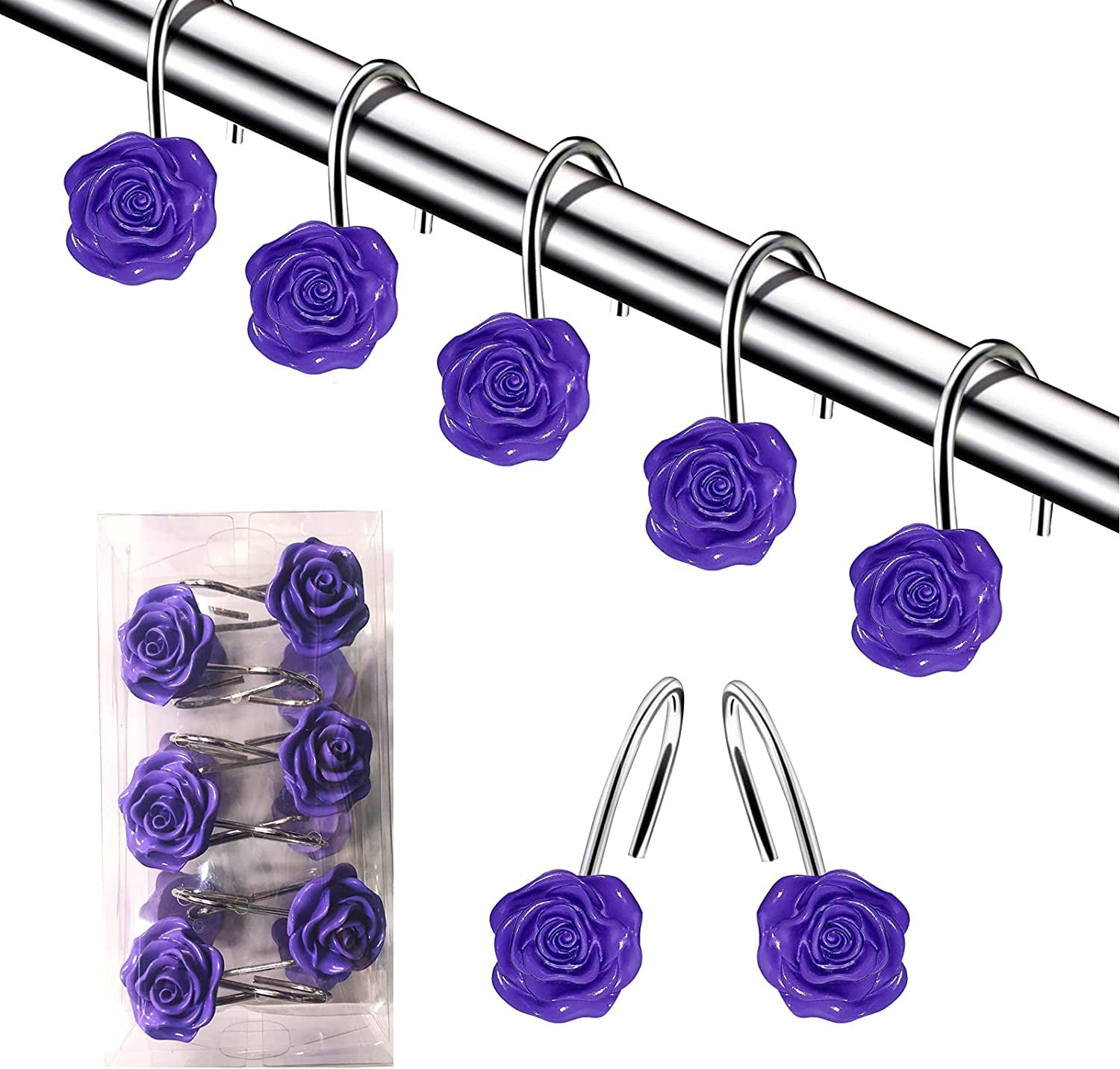 Shower Curtain Hooks, 12 AntiRust Decorative Resin Hooks (5 Colors