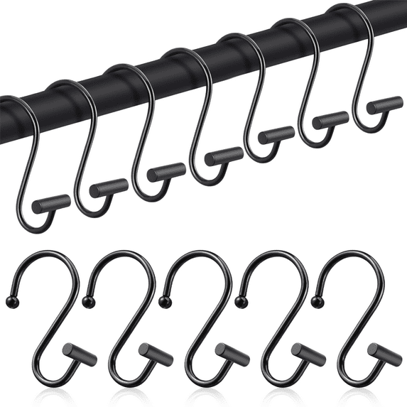 Shower Curtain Hooks 12 Pcs Decorative Shower Curtain Rings for Anti-Rust Metal Hooks for Kitchen Bedroom Wardrobe-Black