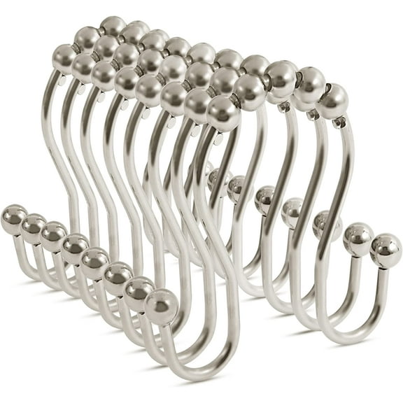 Shower Curtain Hooks 12 Pcs Premium Rust Resistant Metal Shower Curtain Rings, Five-Bead Design Sliding and Noiseless, Double Shower Hooks for Shower Curtains & Liners (Nickel)