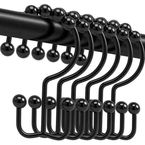 Shower Curtain Hooks, 12 Pcs Rustproof Metal Shower Curtain Rings,Free Sliding Double Shower Hooks for Shower Curtain & Liners, Shower Curtain Hangers for Bathroom Shower Curtain Rods (Black)