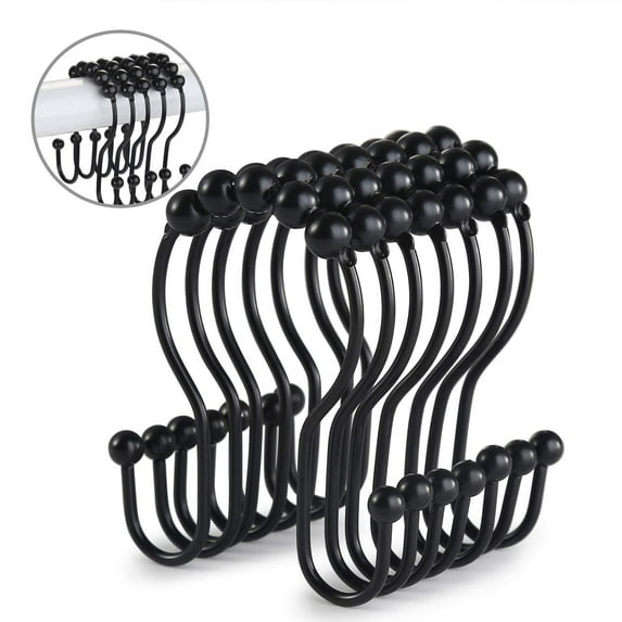 Shower Curtain Hooks, 12 Pcs Shower Curtain Rings, Stainless Steel Roller Rust-Resistant Balance Sliding Anti-Drop Double Shower Hooks for Curtain Bathroom Shower Curtains (Black)