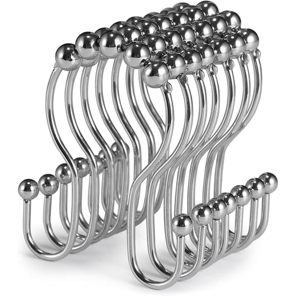 Shower Curtain Hooks, 12 Pcs Shower Curtain Rings, Stainless Steel Silver Shower Curtain Hooks Rings Rust Proof, Smooth Sliding Anti-Drop Double Shower Hooks for Shower Curtain, Rods (Chrome)