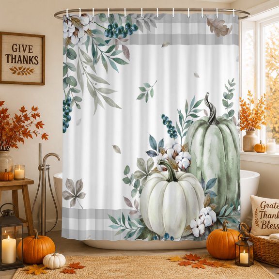 Shower Curtain with Hooks for Bathroom,Fall Thanksgiving Pumpkin Leaf Waterproof Bath Curtains Shower Curtains,Farm Cotton Berry Gray Plaid Bathroom Curtain Privacy Drapes for Bathtubs Toilet 72x72in