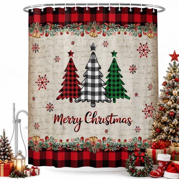Shower Curtain with Hooks for Bathroom,Merry Christmas Words Waterproof Bath Curtains Shower Curtains,Red Green White Xmas Trees Bathroom Curtain Privacy Drapes for Bathtubs Toilet 72x72in