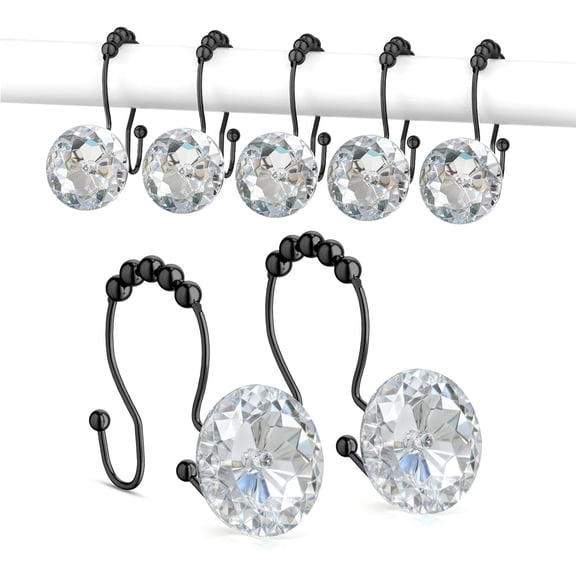 Shower Curtain Hooks, Crystal Rings, Stainless Steel Metal Hanrs, Decorative Double Hooks for & Liner,