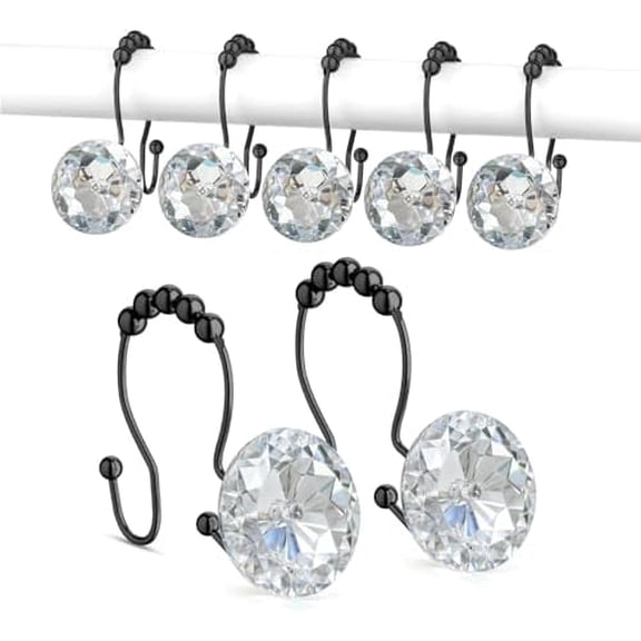 Shower Curtain Hooks, Crystal Shower Curtain Rings, Stainless Steel Black Shower Curtain Hooks, Metal Shower Curtain Hangers, Decorative Double Shower Hooks for Shower Curtain & Liner, Black