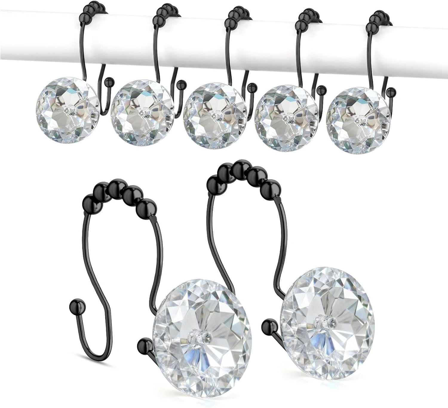 Shower Curtain Hooks, Crystal Shower Curtain Rings, Stainless Steel Black Shower Curtain Hooks, Metal Shower Curtain Hangers, Decorative Double Shower Hooks for Shower Curtain & Liner, Black