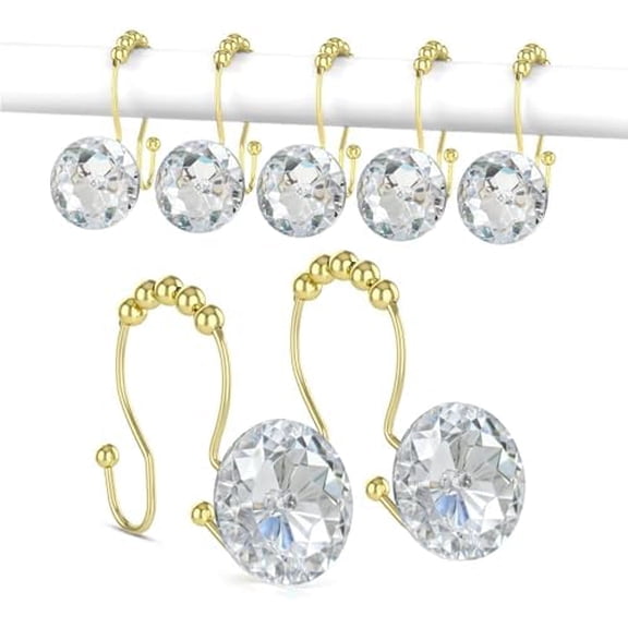 Shower Curtain Hooks, Crystal Shower Curtain Rings, Stainless Steel Gold Shower Curtain Hooks, Metal Shower Curtain Hangers, Decorative Double Shower Hooks for Shower Curtain & Liner, Gold