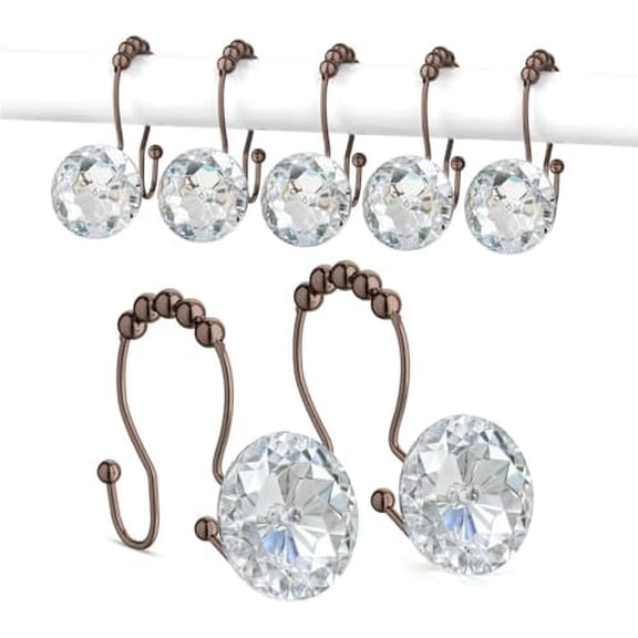 Shower Curtain Hooks, Crystal Shower Curtain Rings, Stainless Steel Shower Curtain Hangers, Metal Shower Rings for Curtain, Decorative Double Shower Hooks for Shower Curtain & Liner, Bronze
