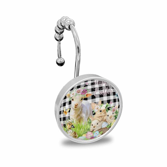 Shower Curtain Hooks Decorative, Easter Shower Curtain Rings Stainless Steel, Spring Rabbit Sheep Duck Eggs Plants Black Plaid Bathroom Accessories Rod Hangers for Curtains/Clothing 12Pcs