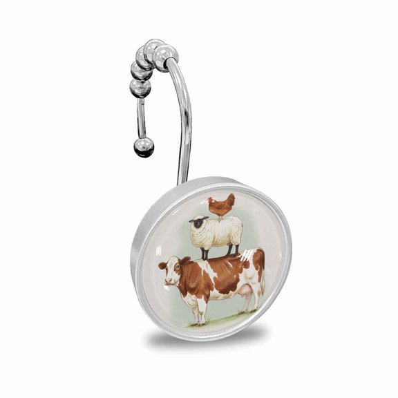 Shower Curtain Hooks Decorative, FFarmhouse Shower Curtain Rings Stainless Steel, Farm Sheep Chicken Rustic Bathroom Accessories Rod Hangers for Curtains/Clothing 12Pcs