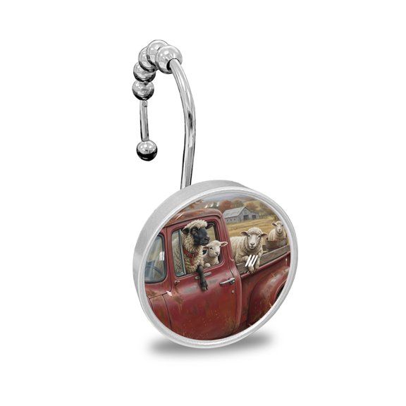 Shower Curtain Hooks Decorative, Farm Sheep Shower Curtain Rings Stainless Steel, Red Truck Trees House Rustic Scenery Bathroom Accessories Rod Hangers for Curtains/Clothing 12Pcs