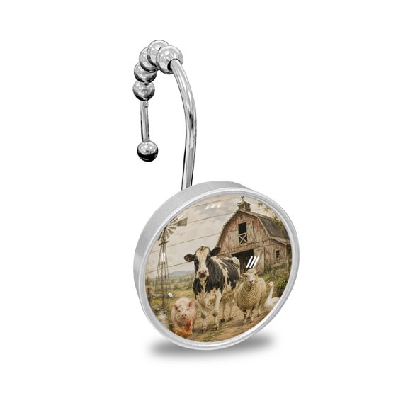 Shower Curtain Hooks Decorative, Farmhouse Barn Shower Curtain Rings Stainless Steel, Sheep Goose Pig Rooster Windmill Bathroom Accessories Rod Hangers for Curtains/Clothing 12Pcs