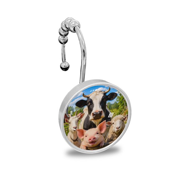 Shower Curtain Hooks Decorative, Farmhouse Shower Curtain Rings Stainless Steel, Pig Sheep Country Barn Bathroom Accessories Rod Hangers for Curtains/Clothing 12Pcs