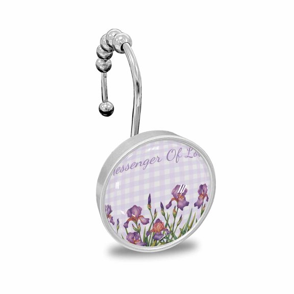 Shower Curtain Hooks Decorative Iris Flowers Shower Curtain Rings Stainless Steel Showerhooks Floral Purple Buffalo Plaid Shower Hooks for Shower Curtain Bathroom Accessories Rod Hangers 12 PCS