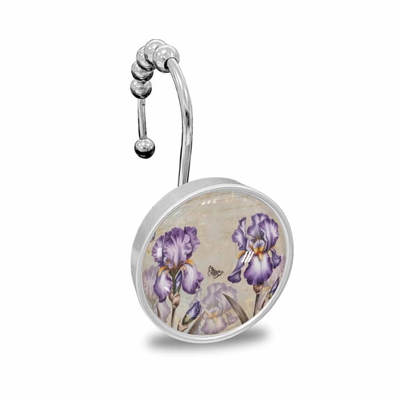 Shower Curtain Hooks Decorative Purple Iris Floral Shower Curtain Rings Stainless Steel Showerhooks Butterfly Vintage Blossoms Flowers Shower Hooks for Shower Curtain Bathroom Accessories 12 PCS