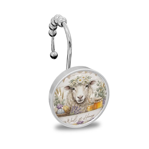 Shower Curtain Hooks Decorative, Sheep Shower Curtain Rings Stainless Steel, Daisy Flowers Farmhouse Eucalyptus Wooden Bathroom Accessories Rod Hangers for Curtains/Clothing 12Pcs
