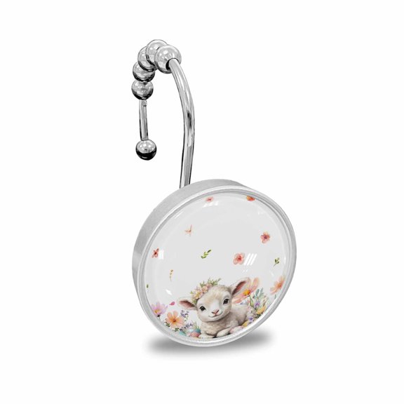 Shower Curtain Hooks Decorative, Spring Easter Sheep Shower Curtain Rings Stainless Steel, Colorful Eggs Floral Botanical Bathroom Accessories Rod Hangers for Curtains/Clothing 12Pcs