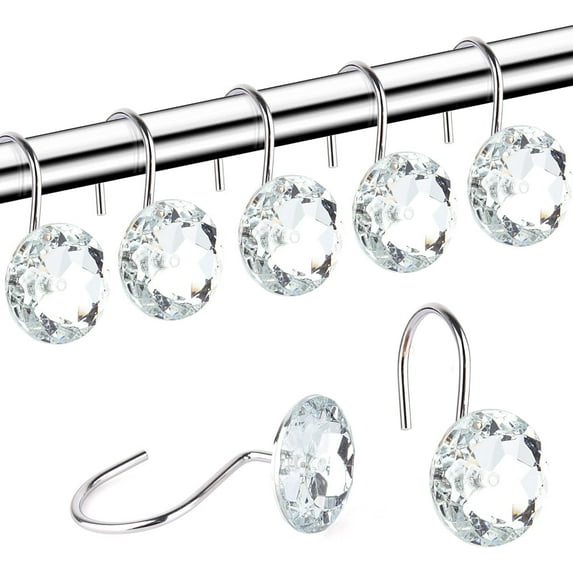 Shower Curtain Hooks Diamond Shape Shower Rings, Acrylic Decorative Rhinestones Bling Bathroom Bath Decor Set of 12 Rings