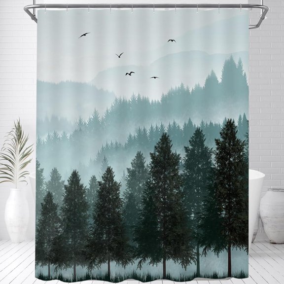 Shower Curtain with Hooks Duty Mold Mildew-Resistant,Fabric Bathroom Curtain,Water-Repellent,Machine Washable,Fade-Resistant, Misty Blue Forest-36"W x 72"L (Pack of 1)