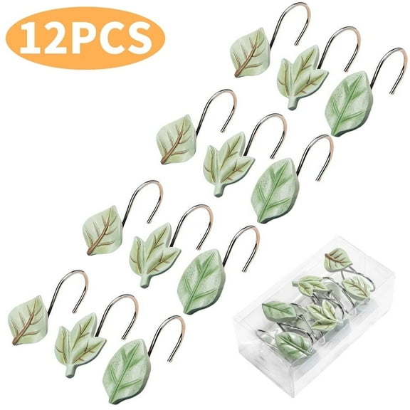 Shower Curtain Hooks, Green Plant Leaf  Curtain Ring Hangers for Bathroom Accessories, 12PCS