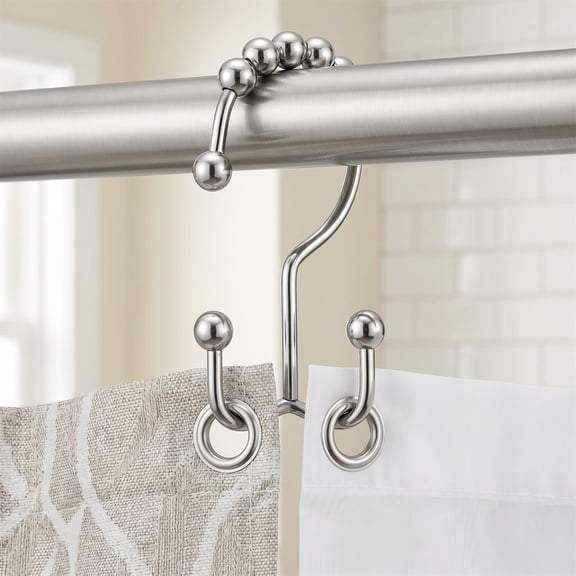 Shower Curtain Hooks Rings, 12 Pack Silver Metal Double Glide Roller Ball Hooks for Shower Curtain and Liner, Rust Resistant for Bathroom Shower Rods