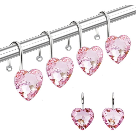 Shower Curtain Hooks Rings for Bathroom, 12PCS Heart Stainless Steel Rust Resistant Decorative Rhinestones Shower Curtain Rings Hangers for Shower Curtains