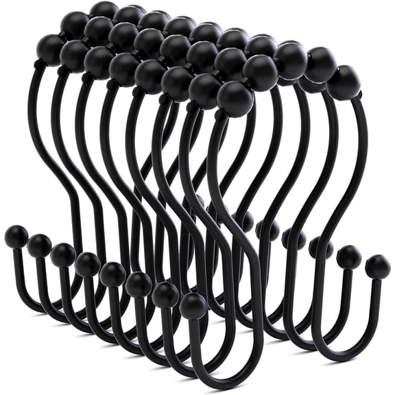 Shower Curtain Hooks Rings Black RustProof Smooth Metal Double Hook, for Liner Bathroom Rod Hook