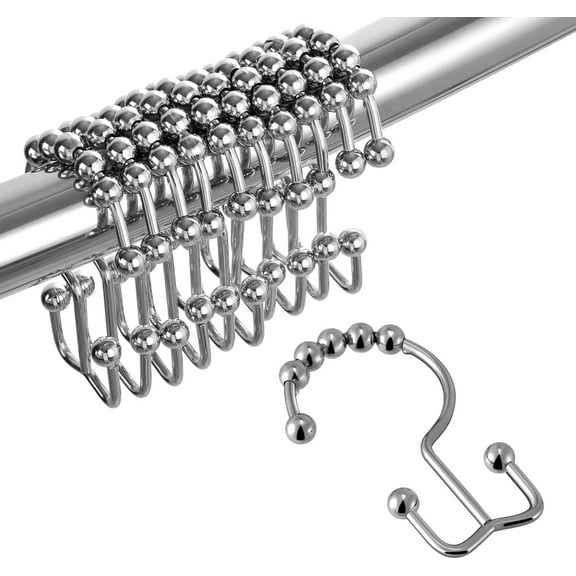 Shower Curtain Hooks Rings, Double Sided Shower Curtain Hooks, Stainless Steel Shower Hooks Rust Proof for Bathroom Shower Curtain Rod Curtains, Free Gliding, Silver, Set of 12