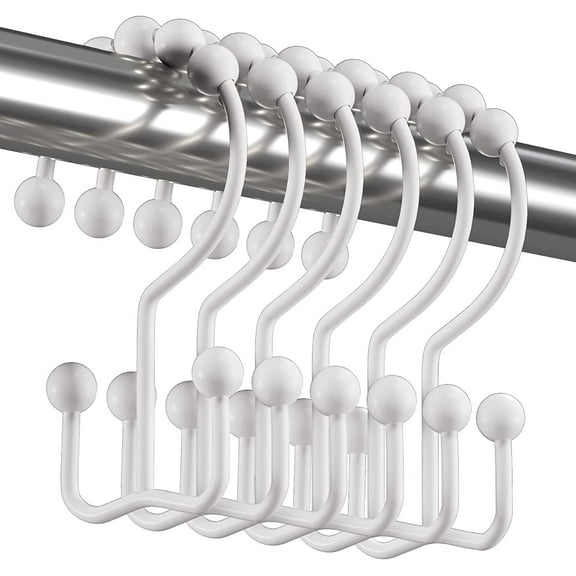 Shower Curtain Hooks Rings, Durable Metal Double Glide Shower Hooks for Bathroom Shower Rods Curtains, Set of 12 Hooks - White
