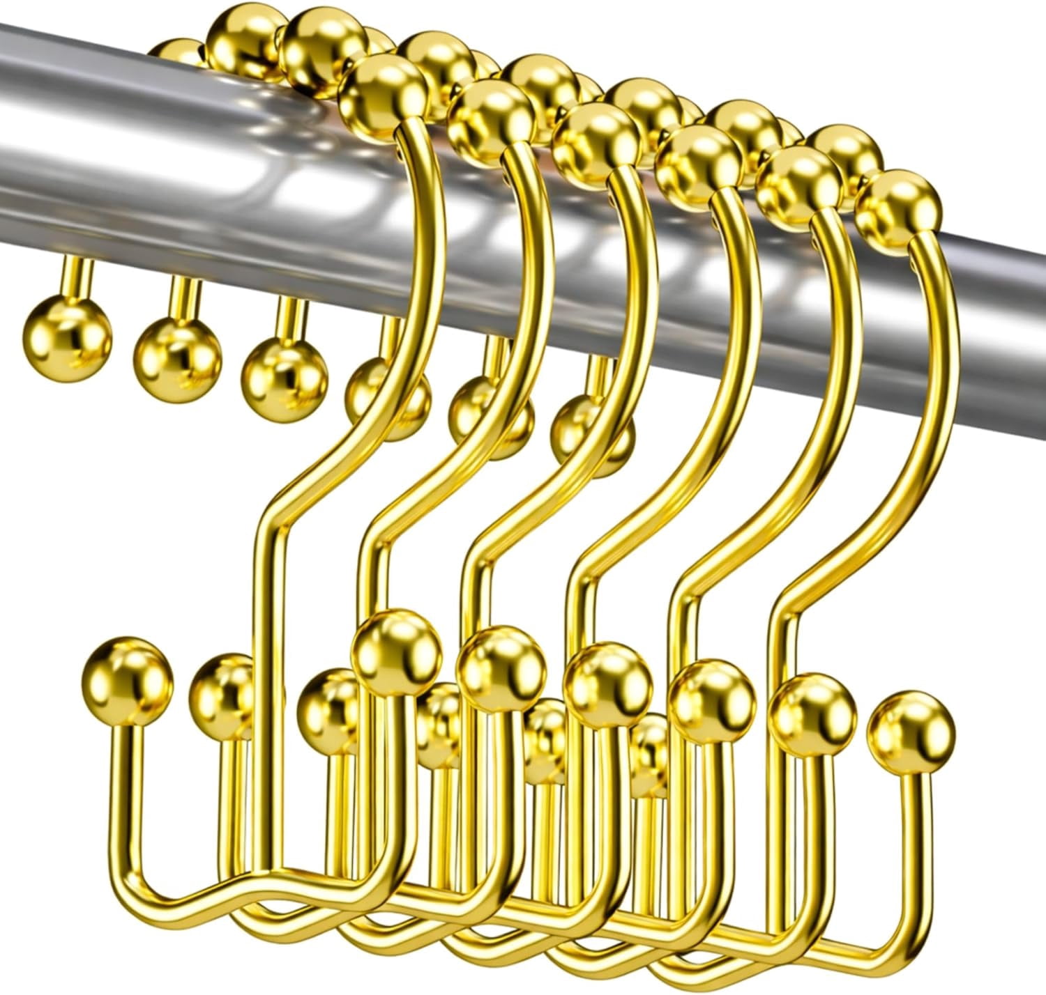 Shower Curtain Hooks Rings Gold, Rust Proof Stainless Steel Easy Glide Shower Curtain Rings, Double Sided Shower Hooks Rings for Bathroom Shower Rods Curtains, Set of 12 Hooks - Gold