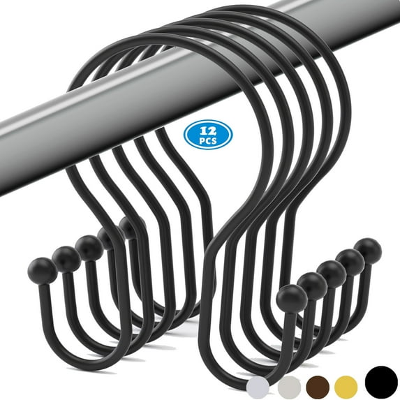 Shower Curtain Hooks Rings, Rust-Resistant Metal Balanced Glide Shower Hook, 12pk Double Hook for Bathroom Shower Rods Curtains, Brushed Matte Black Finish
