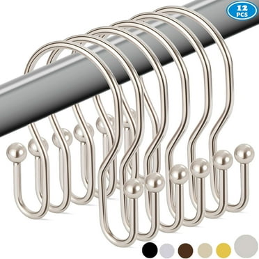 Shower Curtain Hooks Rings, Rust-Resistant Metal Balanced Glide Shower Hook, 12pk Double Hook for Bathroom Shower Rods Curtains, Polished Nickel Finish
