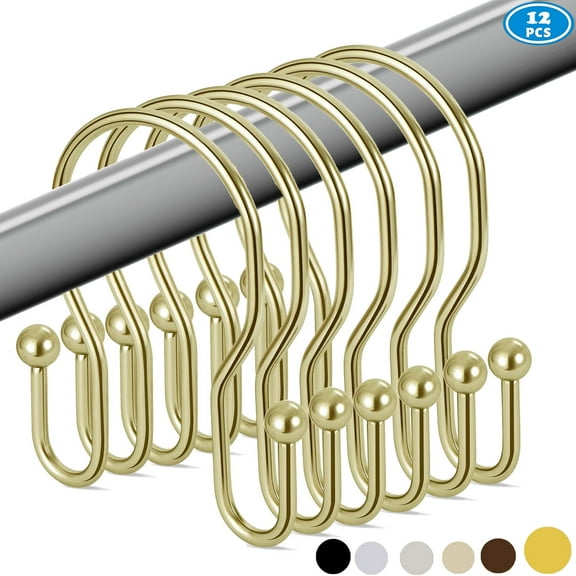 Shower Curtain Hooks Rings, Rust-Resistant Metal Balanced Glide Shower Hook, 12pk Double Hook for Bathroom Shower Rods Curtains, Plated Gold Finish