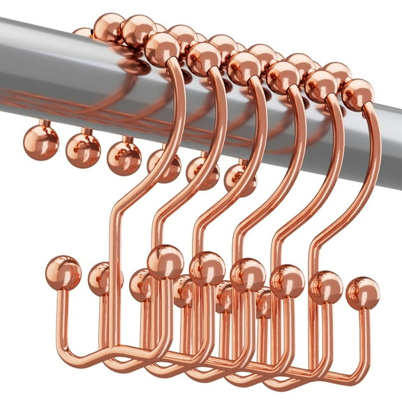 Shower Curtain Hooks Rings Rust Resistant Metal Double Glide Shower Hooks Rings for Bathroom Shower Rods Curtains, Set of 12 Hooks - Rose Gold