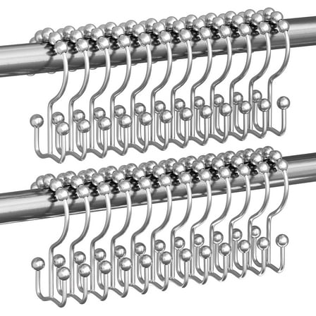 Shower Curtain Hooks Rings, Rust Resistant Metal Double Glide Shower Hooks Rings for Bathroom Shower Rods Curtains, Set of 24 Hooks - Chrome