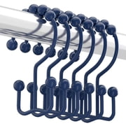 Shower Curtain Hooks Rings, Rust-Resistant Metal Double Glide Shower Hooks for Bathroom Shower Rods Curtains, Set of 12 Hooks - Navy Blue
