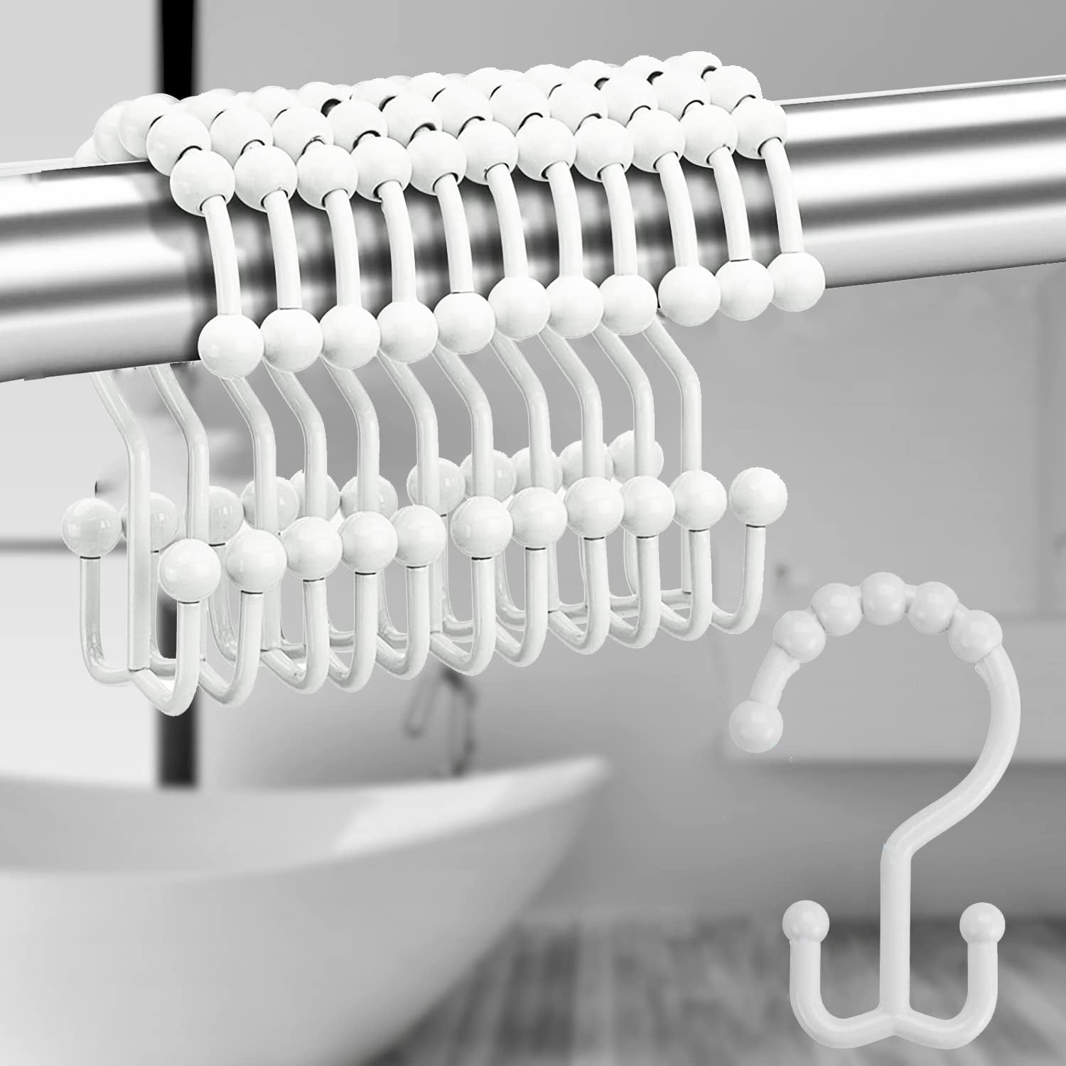 Shower Curtain Hooks Rings, RustResistant Metal Double Roller Glide