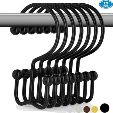 Shower Curtain Hooks Rings, Rust-Resistant Metal Glide Shower Hook, 12pk Double Hook for Bathroom Shower Rods Curtains, Brushed Matte Black Finish