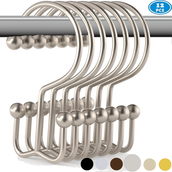 Shower Curtain Hooks Rings, Rust-Resistant Metal Glide Shower Hook, 12pk Double Hook for Bathroom Shower Rods Curtains, Brushed Matte Nickel Finish