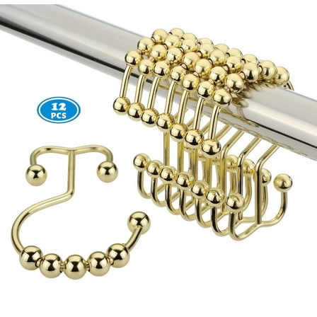 Shower Curtain Hooks Rings, Rust-Resistant Metal Glide Shower Hook, 12pk Double Hook for Bathroom Shower Rods Curtains, Gold