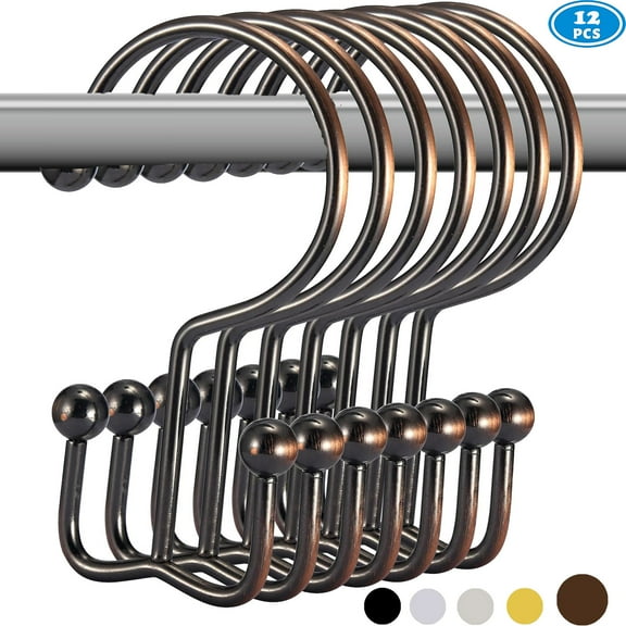 Shower Curtain Hooks Rings, Rust-Resistant Metal Glide Shower Hook, 12pk Double Hook for Bathroom Shower Rods Curtains, Plated Bronze Finish