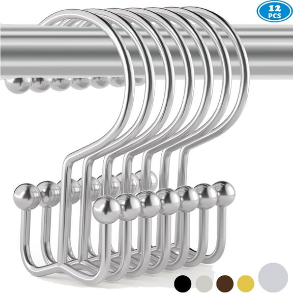 Shower Curtain Hooks Rings, Rust-Resistant Metal Glide Shower Hook, 12pk Double Hook for Bathroom Shower Rods Curtains, Plated Chrome Finish