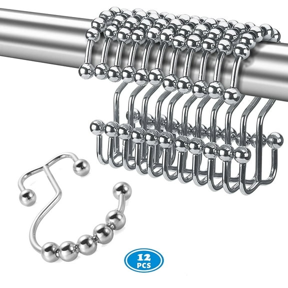 Shower Curtain Hooks Rings, Rust-Resistant Metal Glide Shower Hook, 12pk Double Hook for Bathroom Shower Rods Curtains, Silver